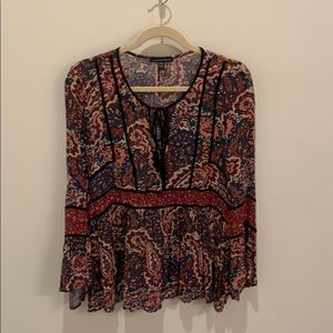 velvet trim peasant top with bell sleeves